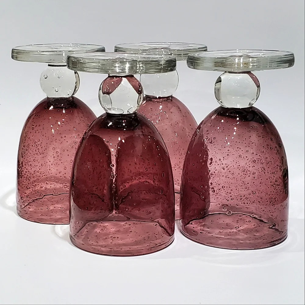 4pc Set Mouth-Blown 12oz Amythest Purple Bubbles Goblets - Picture 7 of 7